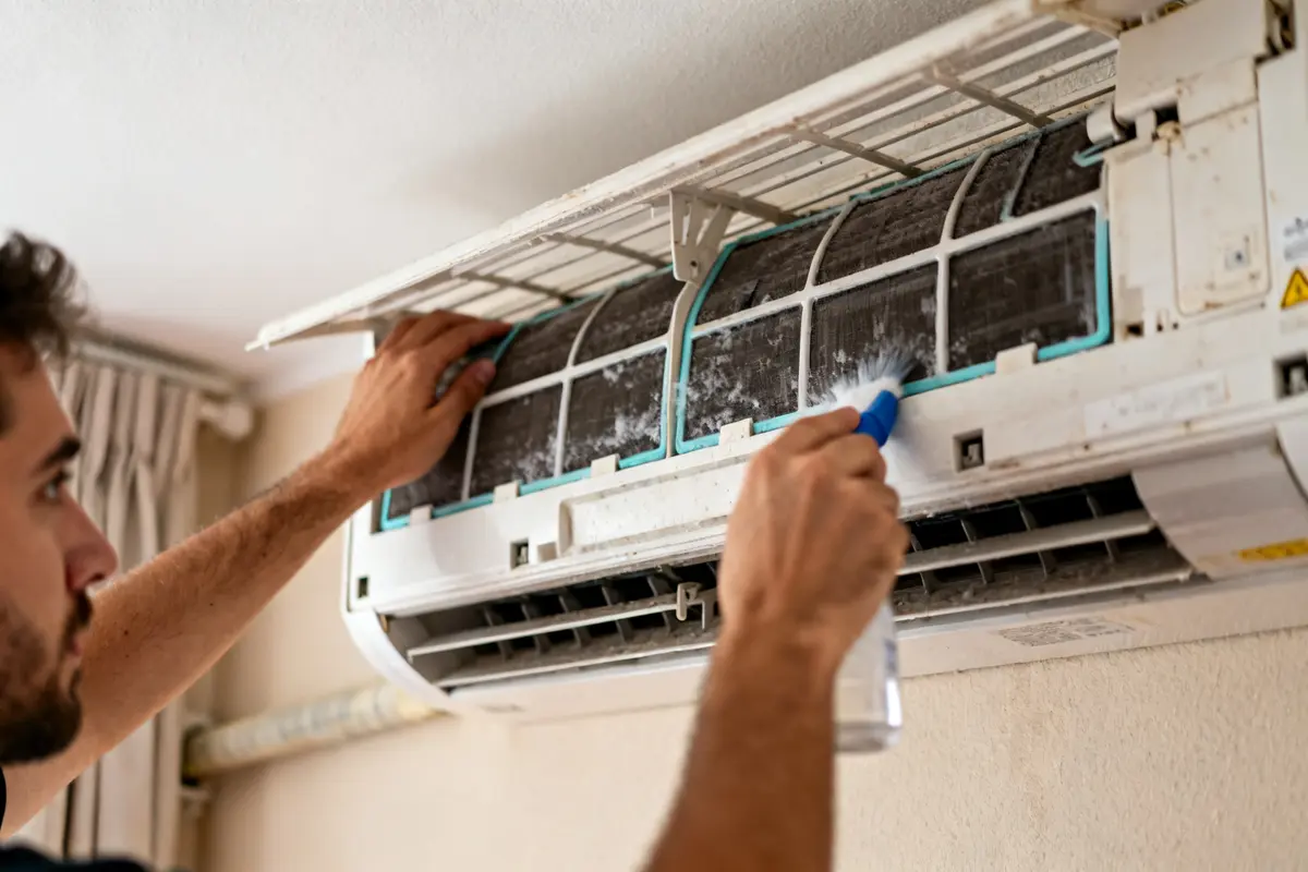 Homme procédant au nettoyage clim intérieur en dépoussiérant le filtre d'un climatiseur mural