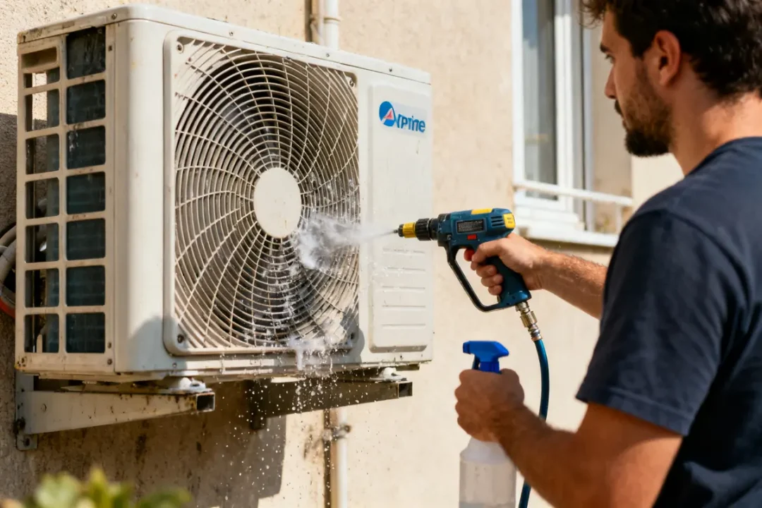 Homme utilisant jet d'eau pour nettoyer clim exterieur murale efficacement et soigneusement