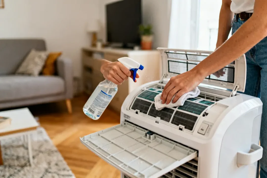 Personne utilise vaporisateur et chiffon pour nettoyer clim mobile dans un salon moderne