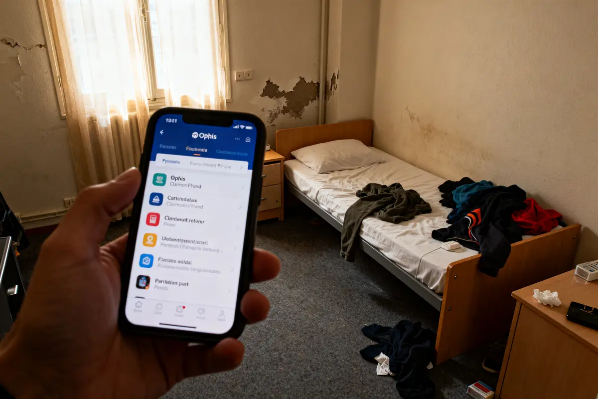 Chambre en désordre avec téléphone affichant l'application Ophis Clermont Ferrand