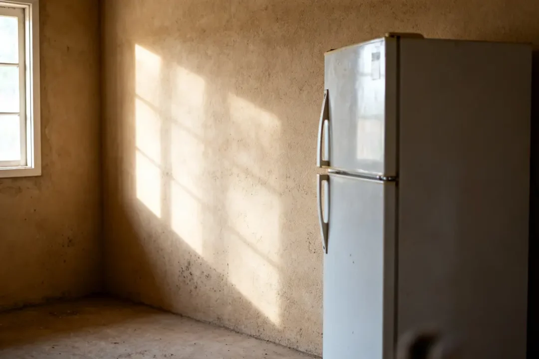 Réfrigérateur blanc dans pièce ensoleillée expliquant pourquoi mon frigo est chaud sur le côté