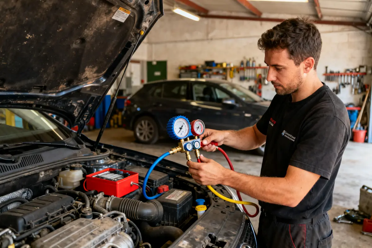 Technicien effectuant une recharge clim auto avec des outils de diagnostic sous un capot ouvert