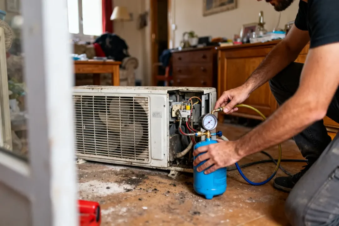Technicien effectuant une recharge clim maison sur unité intérieure avec manomètre et bouteille bleue