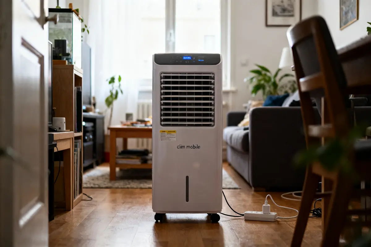 Appareil recharge clim mobile dans un salon moderne avec plantes et meubles en bois
