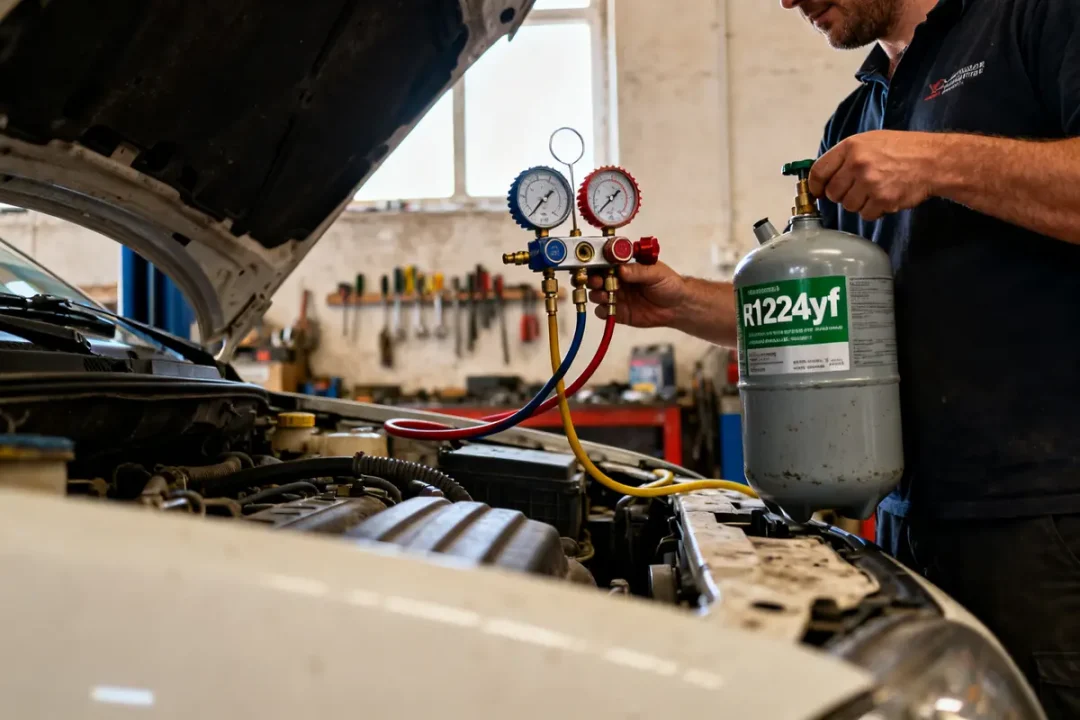 Mécanicien effectuant une recharge clim r1234yf dans un moteur de voiture avec manomètre.