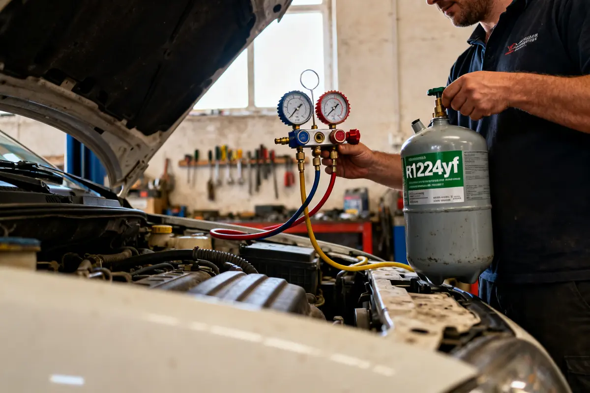 Mécanicien effectuant une recharge clim r1234yf dans un moteur de voiture avec manomètre.