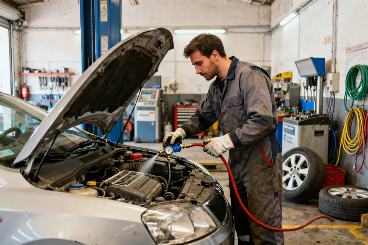 Mécanicien effectuant une recharge clim voiture dans un atelier de réparation automobile.