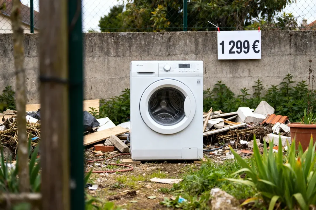 Sèche-linge pompe à chaleur inconvénient, abandonné dans un jardin avec débris et prix affiché.