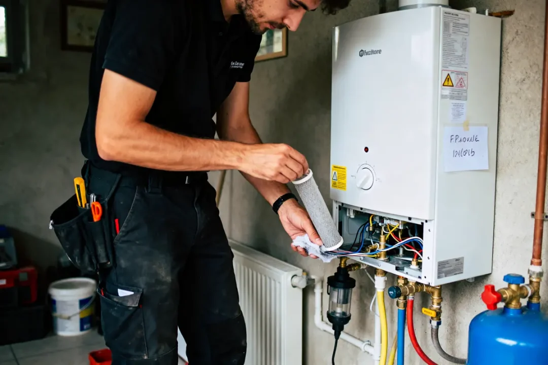 Technicien réparant une chaudière murale blanche avec outils de travail, concentré, intérieur d'une maison.