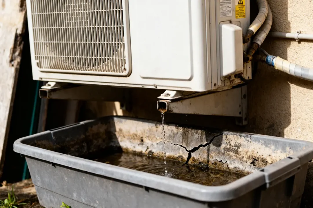 Unité de climatisation fuit dans un bac en plastique abîmé posé sur le sol.