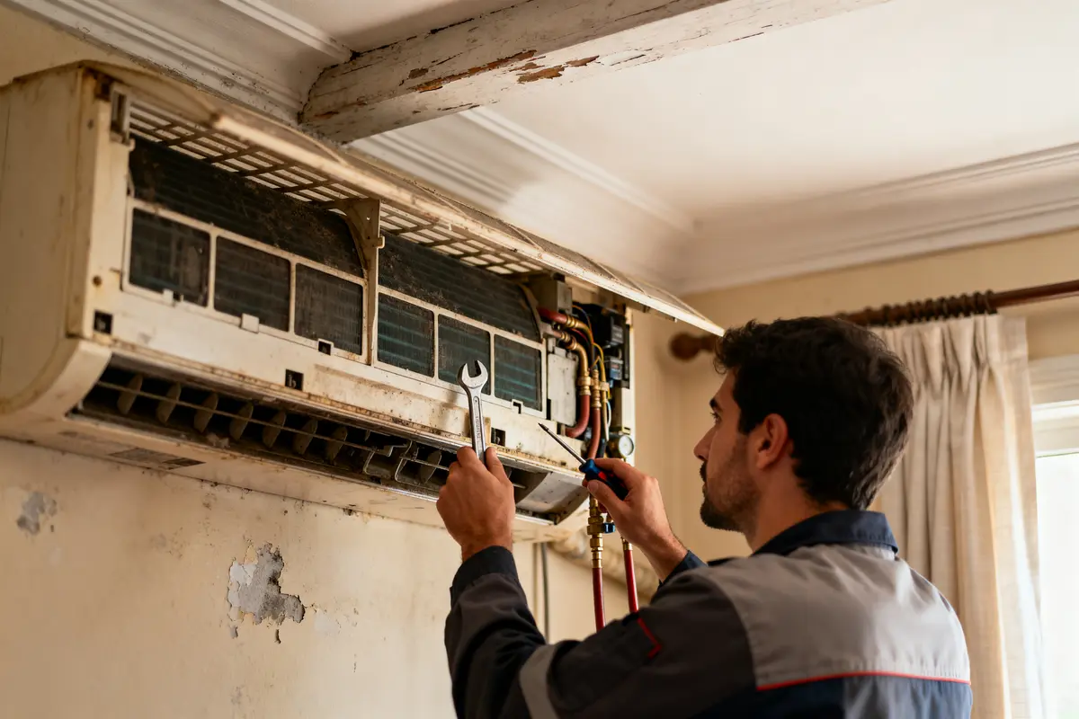 Technicien réparant un climatiseur mural endommagé, avec outils dans un intérieur défraîchi.