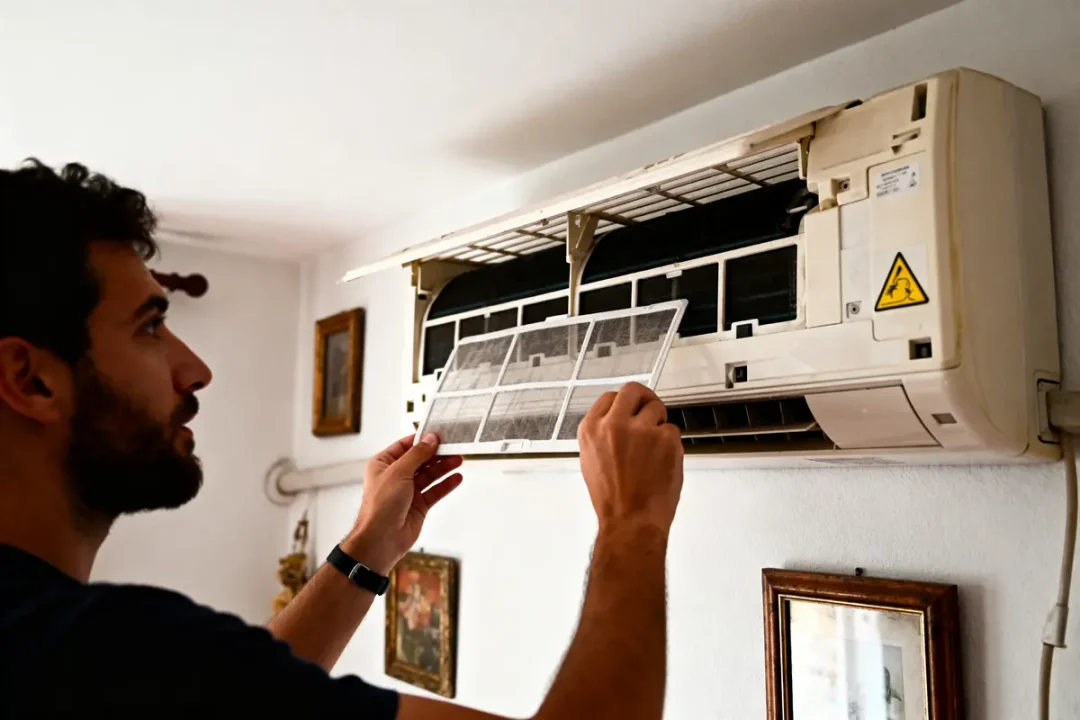 Homme nettoyant le filtre d'un climatiseur mural, intérieur d'une maison décorée de tableaux.