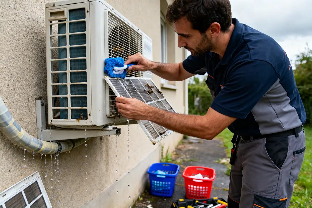 Technicien nettoyant une climatisation extérieure à l'aide d'une brosse bleue, outil de maintenance essentiel.