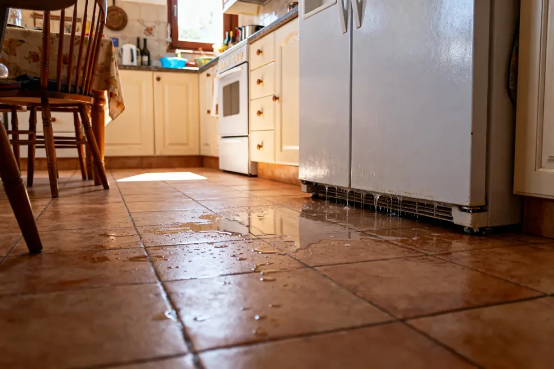 Le sol de la cuisine est inondé à cause d'une fuite sous le réfrigérateur.
