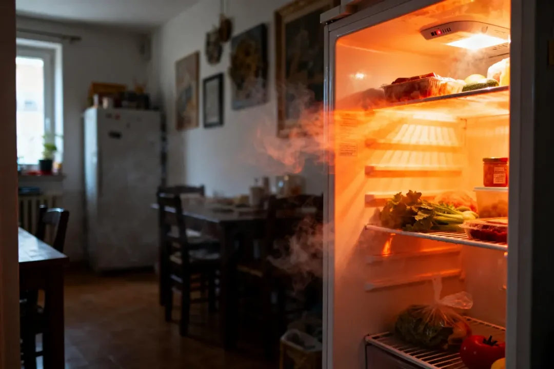 Réfrigérateur ouvert, éclairé avec fumée, dans une cuisine sombre, alimenté de légumes sur les étagères.