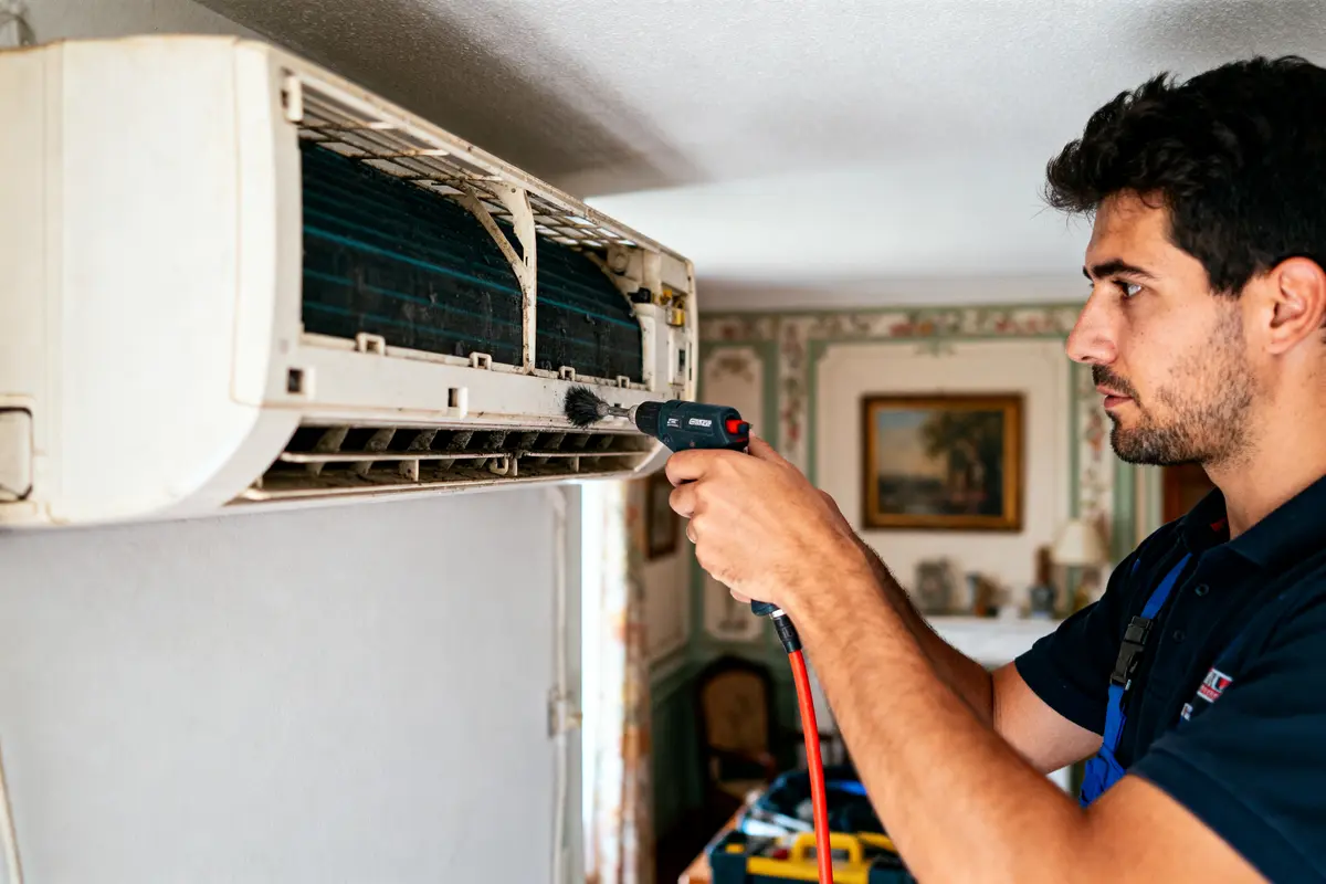 Un technicien nettoie un climatiseur mural avec un outil électrique dans une pièce décorée.