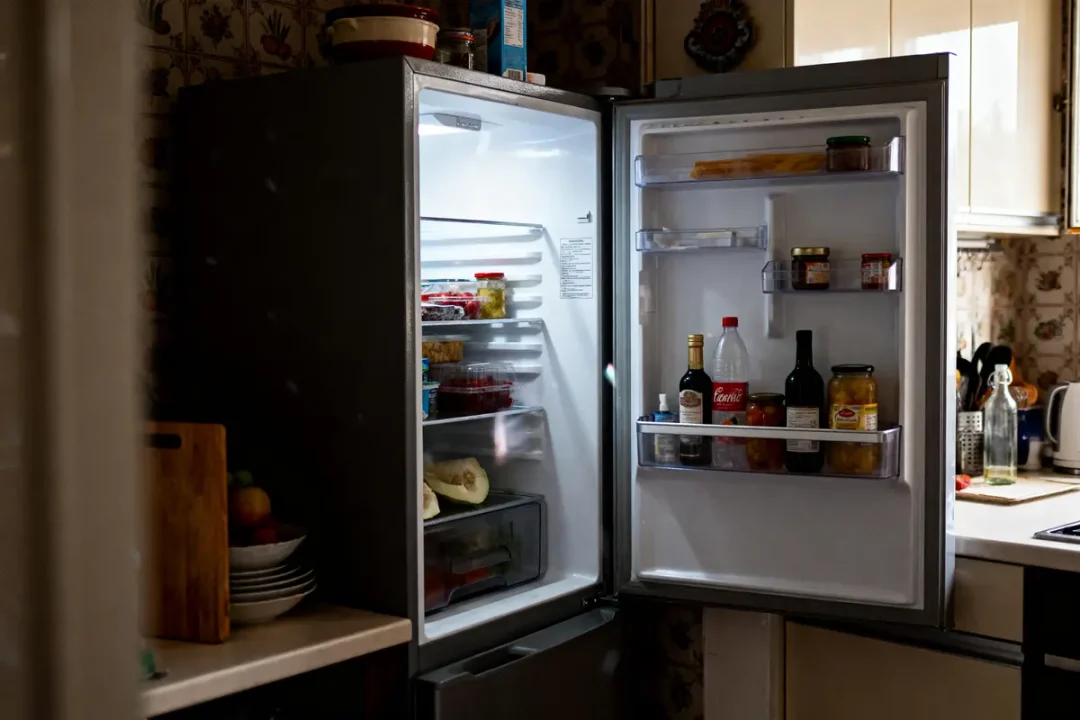 Réfrigérateur ouvert en cuisine, contenant divers aliments et bouteilles sur des étagères lumineuses.