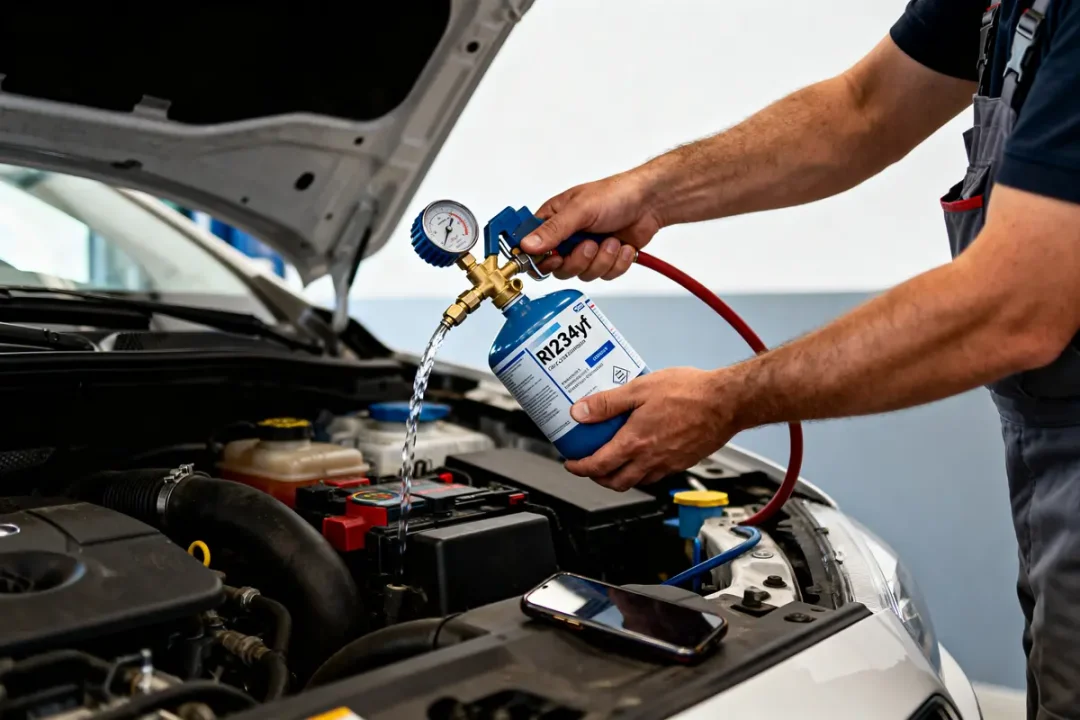 Personne recharge le système de climatisation d'une voiture avec un fluide réfrigérant, capot ouvert.