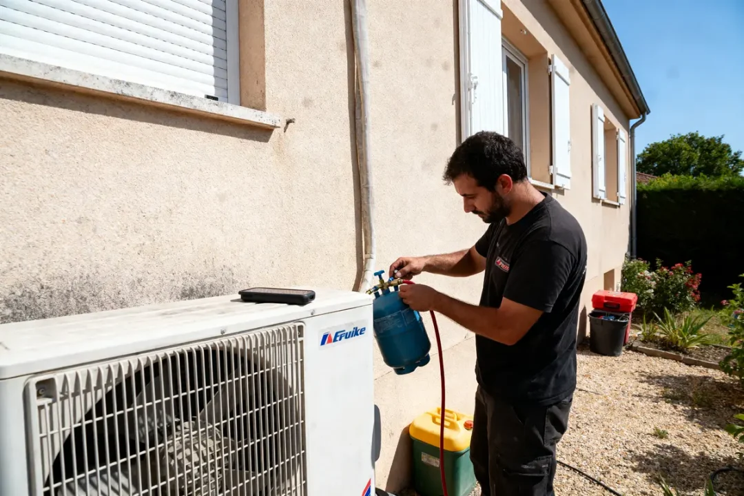 Technicien effectuant maintenance d'une pompe à chaleur extérieure, vérifiant les niveaux avec un manomètre.