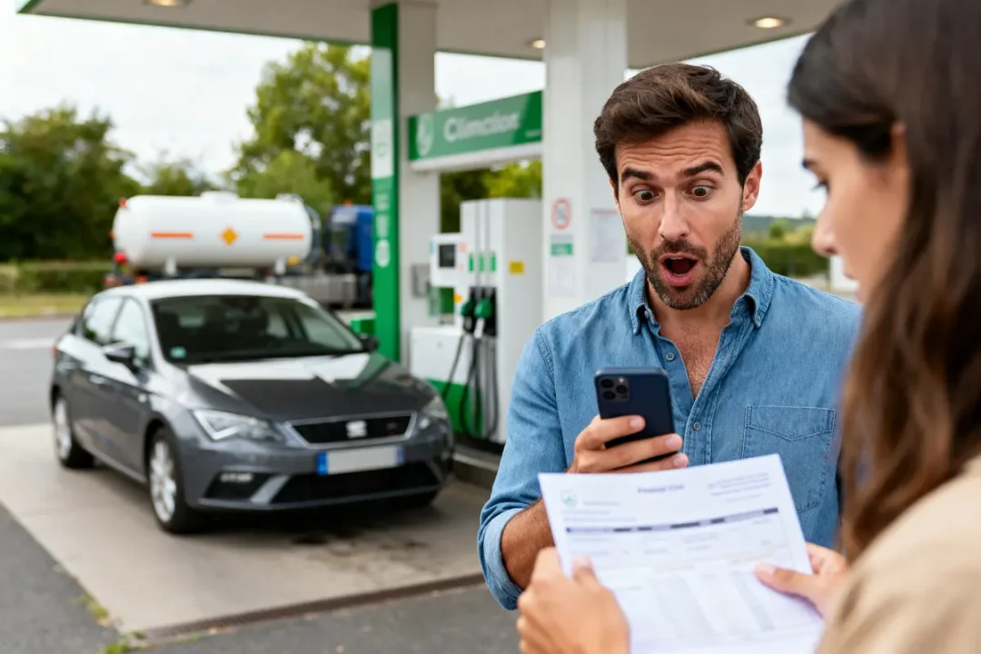 Homme surpris à une station-service, tenant un smartphone, devant une voiture près d'une pompe à essence.