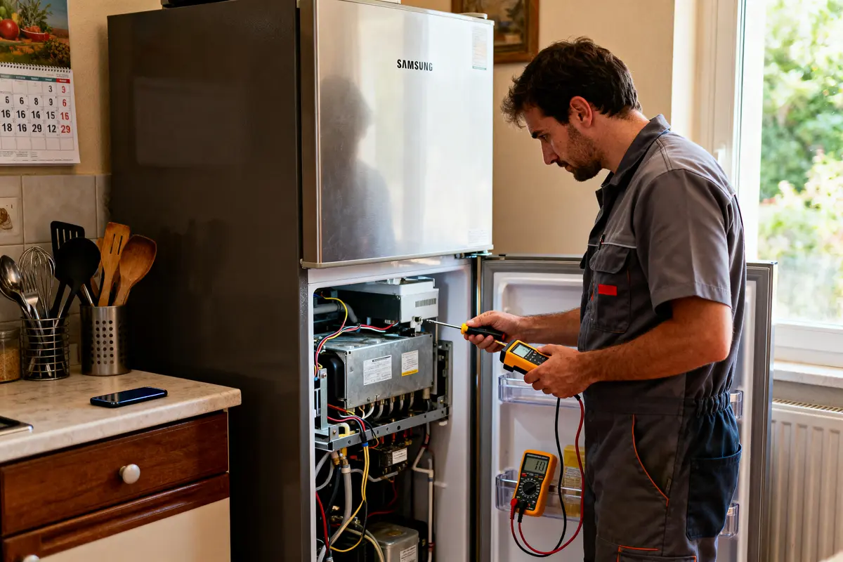 Technicien répare réfrigérateur dans une cuisine, utilisant un testeur de tension.